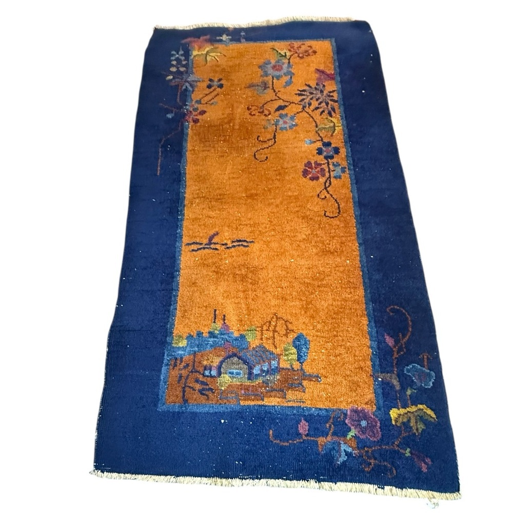 Antique Chinese Art Deco Rug (c.1920s) Hand-Knotted Wool Floral Indigo Tangerine